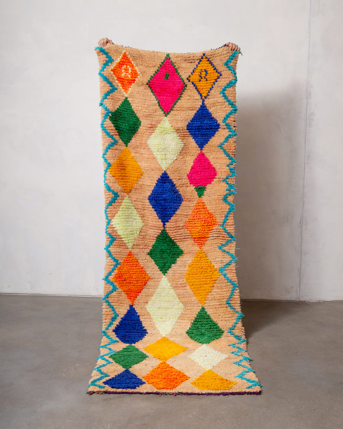 Modern, designer, handcrafted Berber runner rug from Morocco. Vintage carpet with beautiful colours and patterns and fluffy texture.