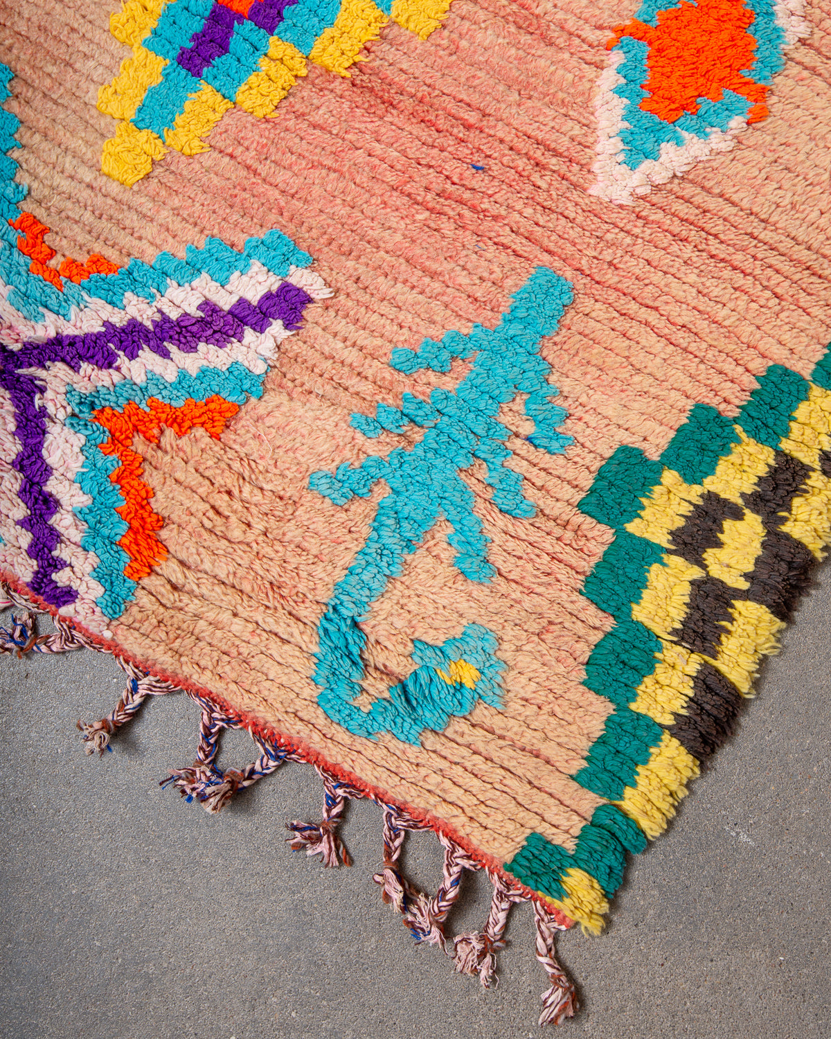 Modern, designer, handcrafted Berber runner rug from Morocco. Vintage carpet with beautiful colours and patterns and fluffy texture.