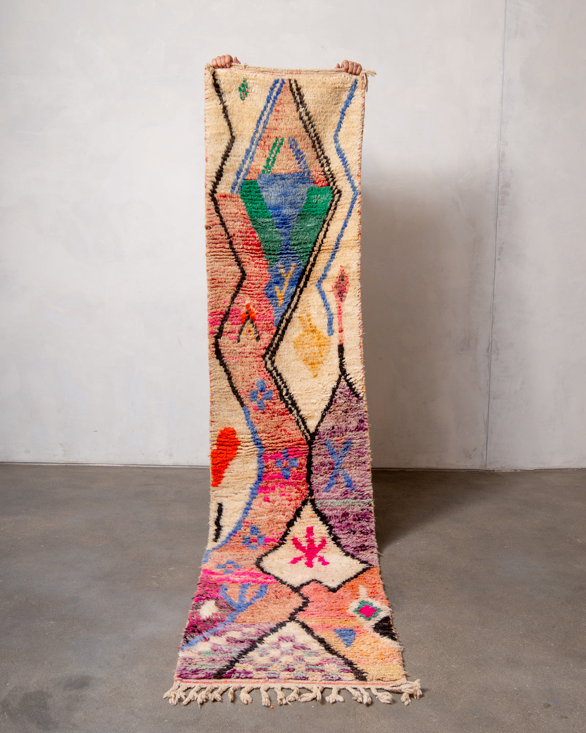 Modern, designer, handcrafted Berber runner rug from Morocco. Vintage carpet with beautiful colours and patterns and fluffy texture.