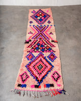 Modern, designer, handcrafted Berber runner rug from Morocco. Vintage carpet with beautiful colours and patterns and fluffy texture.