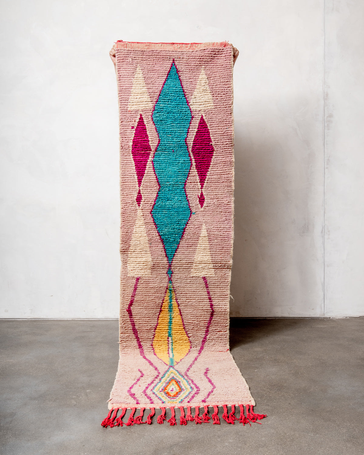 Modern, designer, handcrafted Berber runner rug from Morocco. Vintage carpet with beautiful colours and patterns and fluffy texture.