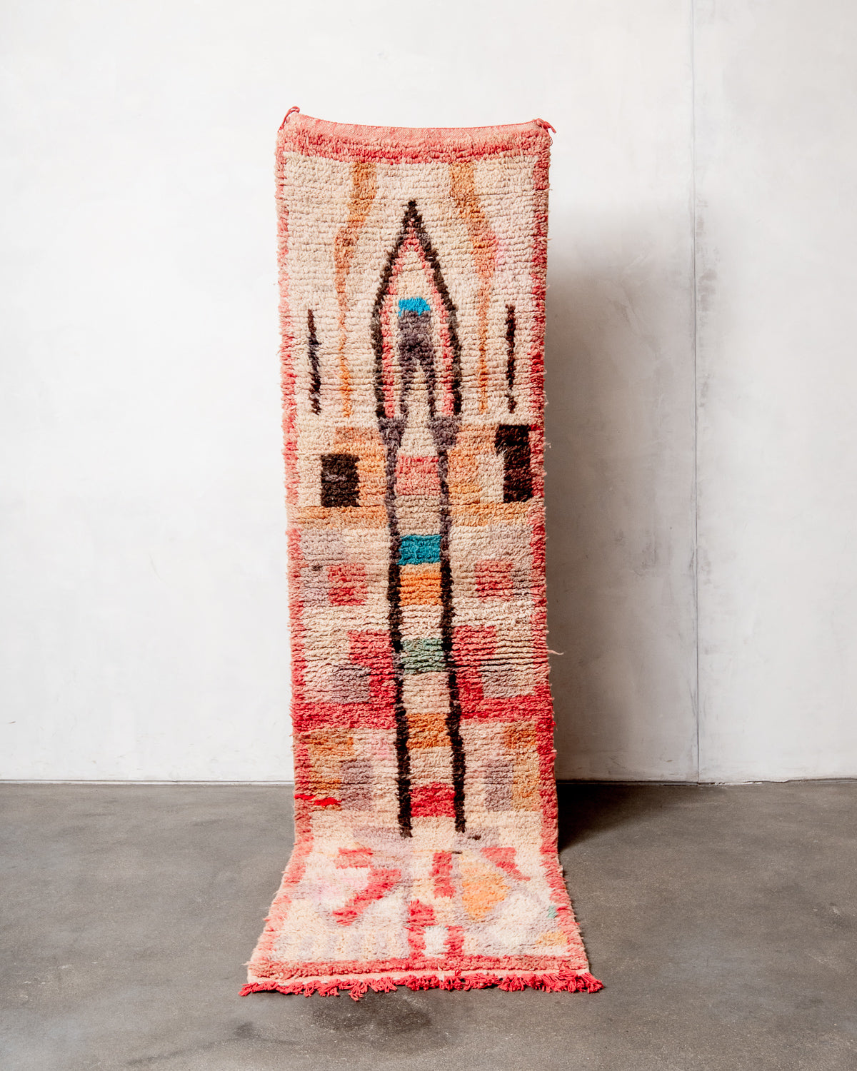 Modern, designer, handcrafted Berber runner rug from Morocco. Vintage carpet with beautiful colours and patterns and fluffy texture.