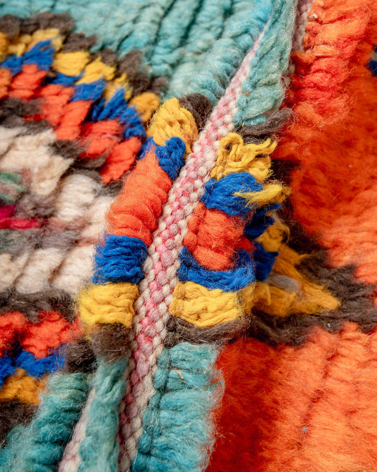 Modern, designer, handcrafted Berber runner rug from Morocco. Vintage carpet with beautiful colours and patterns and fluffy texture.