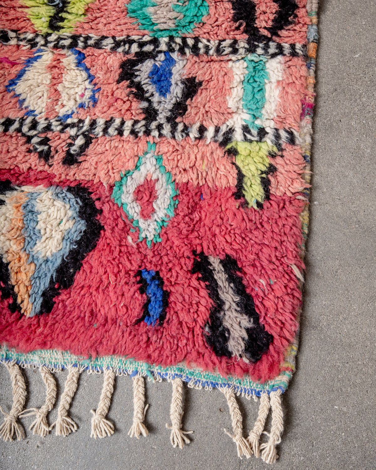 Modern, designer, handcrafted Berber runner rug from Morocco. Vintage carpet with beautiful colours and patterns and fluffy texture.