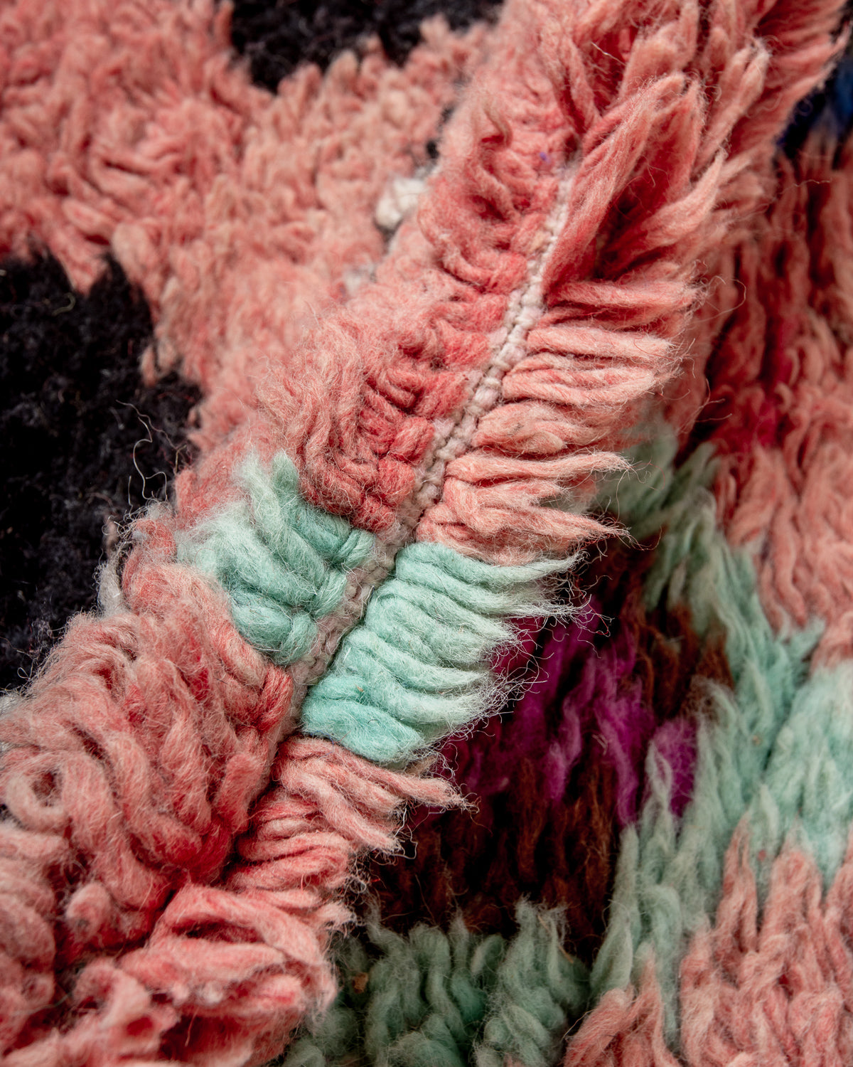 Modern, designer, handcrafted Berber runner rug from Morocco. Vintage carpet with beautiful colours and patterns and fluffy texture.