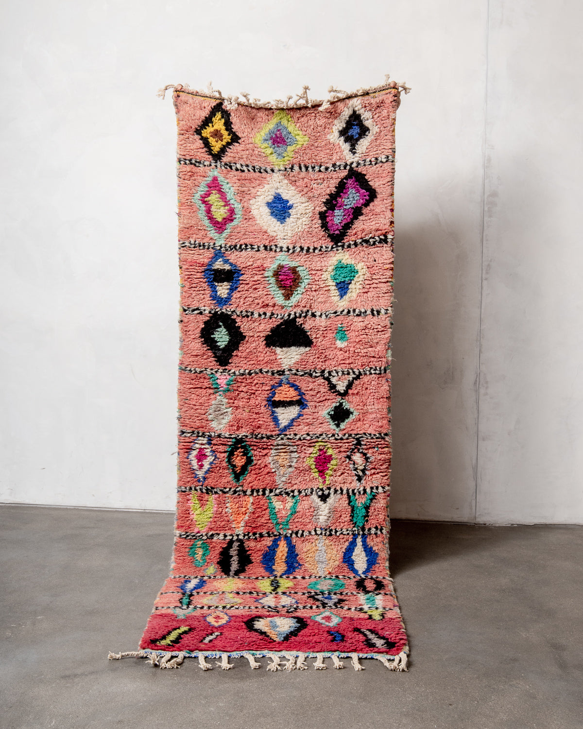 Modern, designer, handcrafted Berber runner rug from Morocco. Vintage carpet with beautiful colours and patterns and fluffy texture.