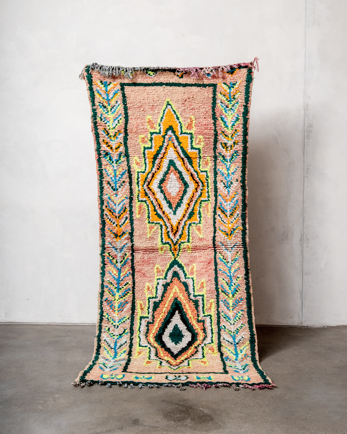 Modern, designer, handcrafted Berber runner rug from Morocco. Vintage carpet with beautiful colours and patterns and fluffy texture.