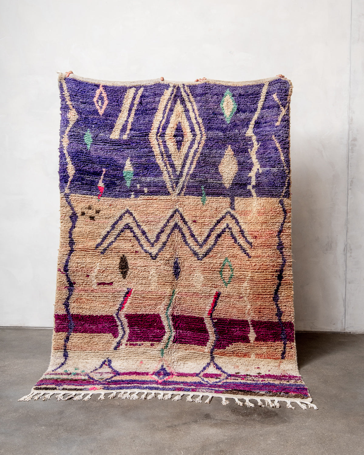 Modern, designer, handcrafted Berber rug from Morocco. Vintage carpet with beautiful colours and patterns and fluffy texture.