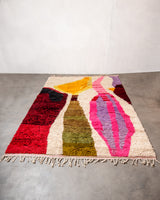 Modern, designer, handcrafted Berber rug from Morocco. Vintage carpet with beautiful colours and patterns and fluffy texture.