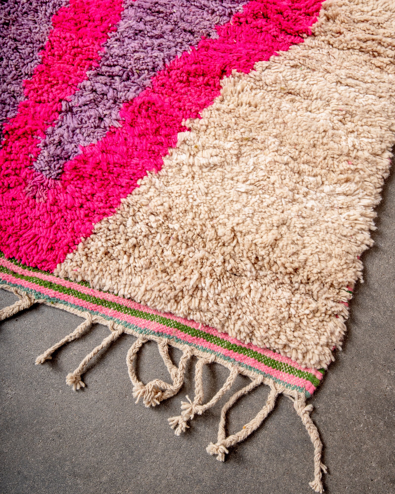 Modern, designer, handcrafted Berber rug from Morocco. Vintage carpet with beautiful colours and patterns and fluffy texture.