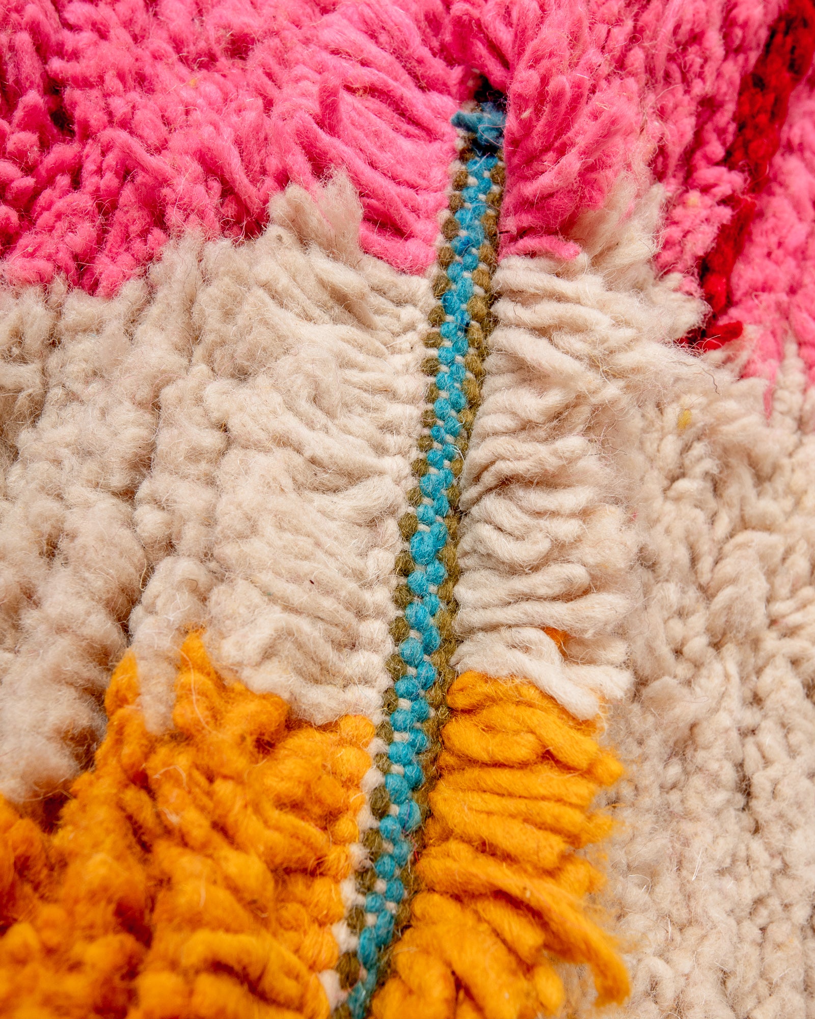 Modern, designer, handcrafted Berber rug from Morocco. Vintage carpet with beautiful colours and patterns and fluffy texture.