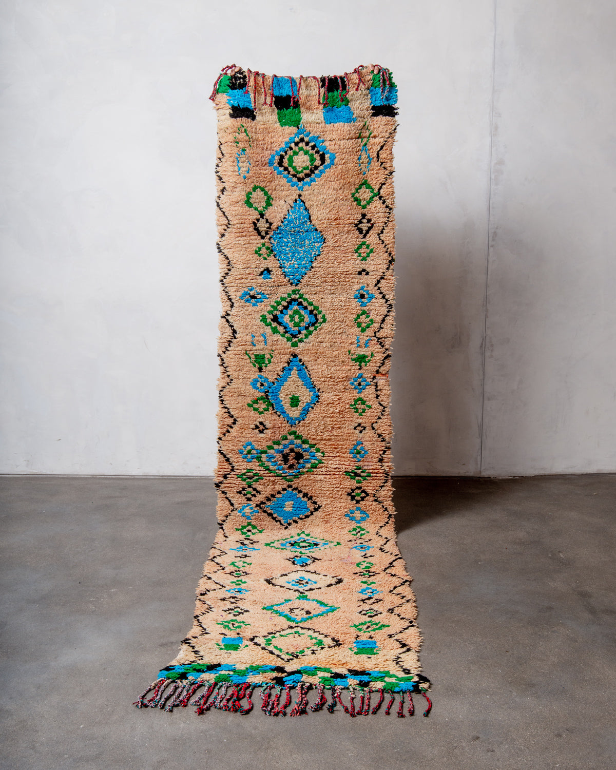 Modern, designer, handcrafted Berber runner rug from Morocco. Vintage carpet with beautiful colours and patterns and fluffy texture.