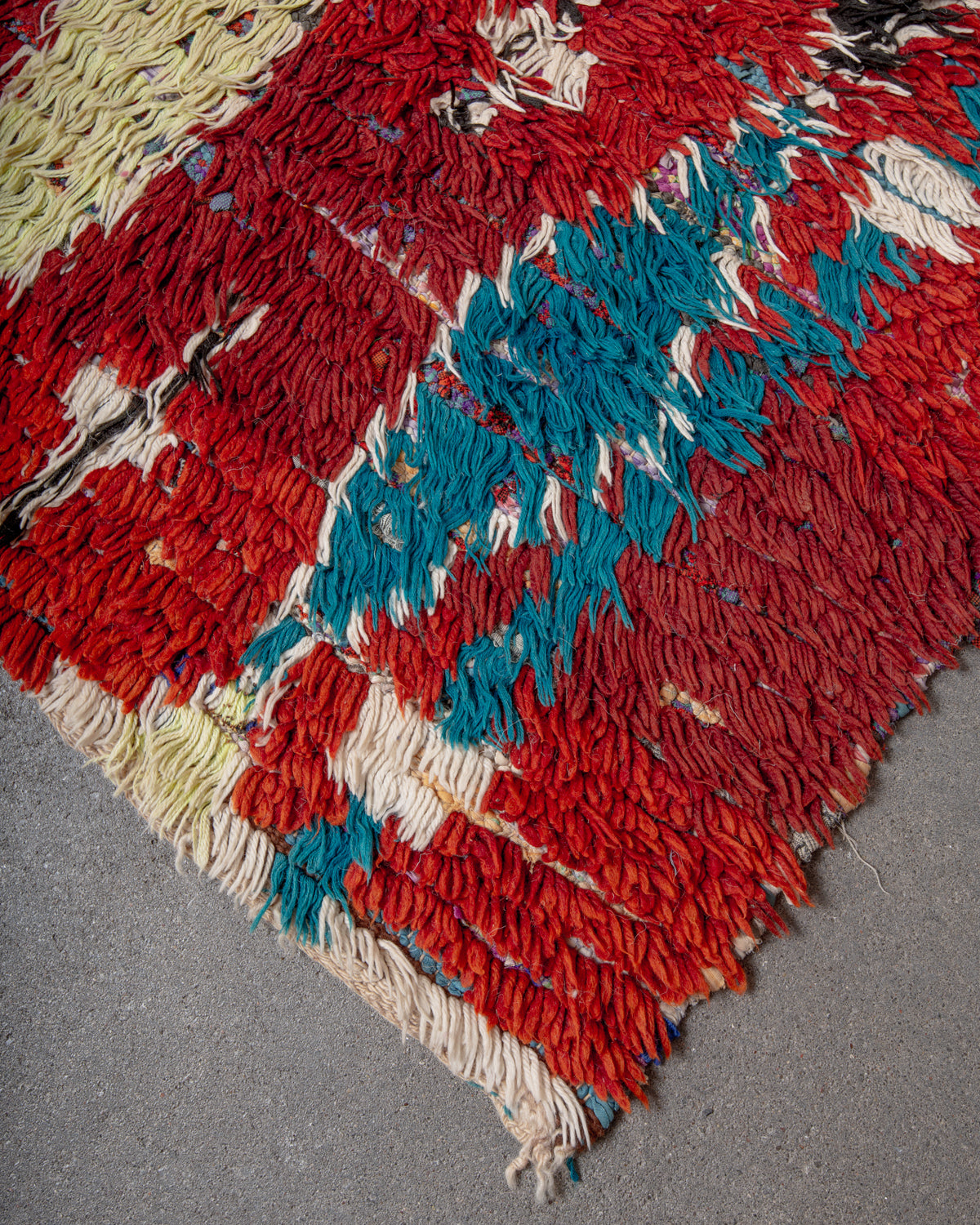 Modern, designer, handcrafted Berber rug from Morocco. Vintage carpet with beautiful colours and patterns and fluffy texture.
