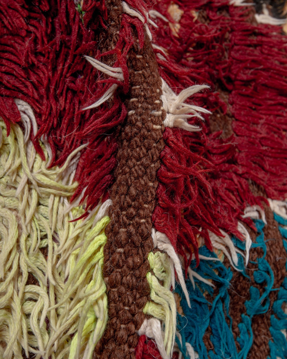 Modern, designer, handcrafted Berber rug from Morocco. Vintage carpet with beautiful colours and patterns and fluffy texture.