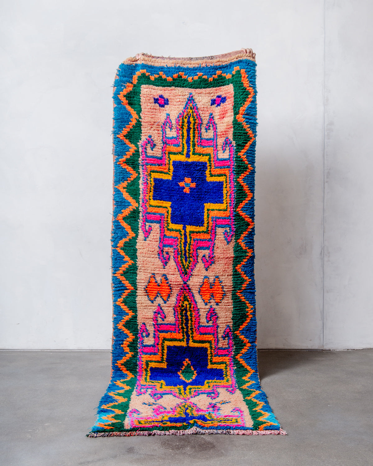 Modern, designer, handcrafted Berber runner rug from Morocco. Vintage carpet with beautiful colours and patterns and fluffy texture.