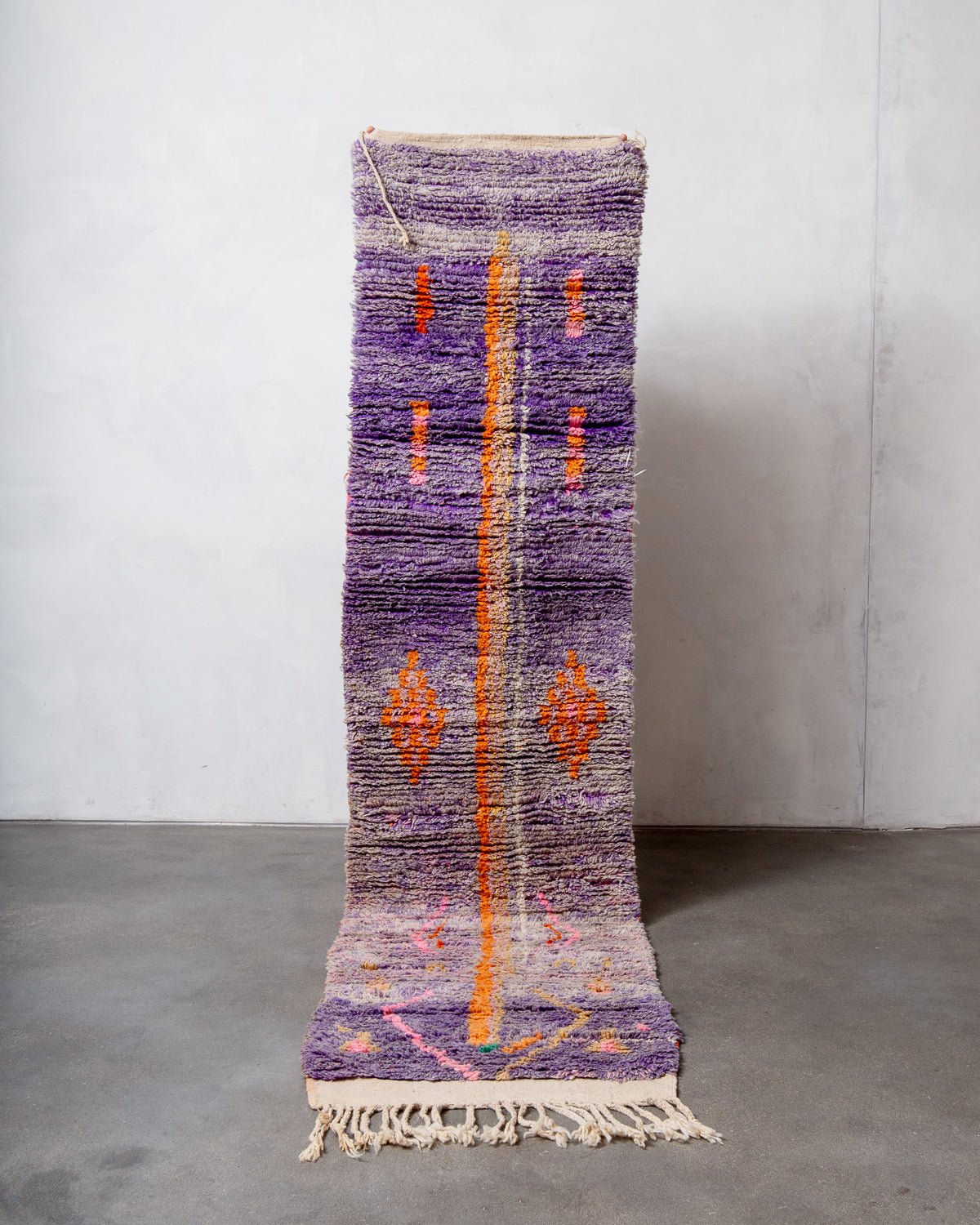 Modern, designer, handcrafted Berber runner rug from Morocco. Vintage carpet with beautiful colours and patterns and fluffy texture