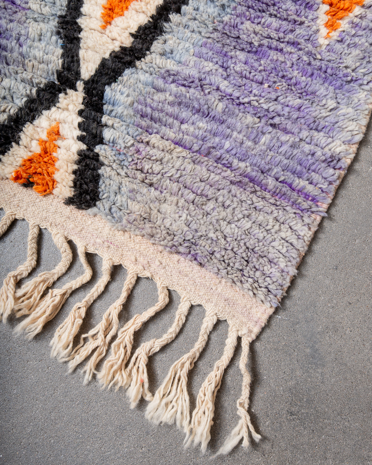 Modern, designer, handcrafted Berber runner rug from Morocco. Vintage carpet with beautiful colours and patterns and fluffy texture