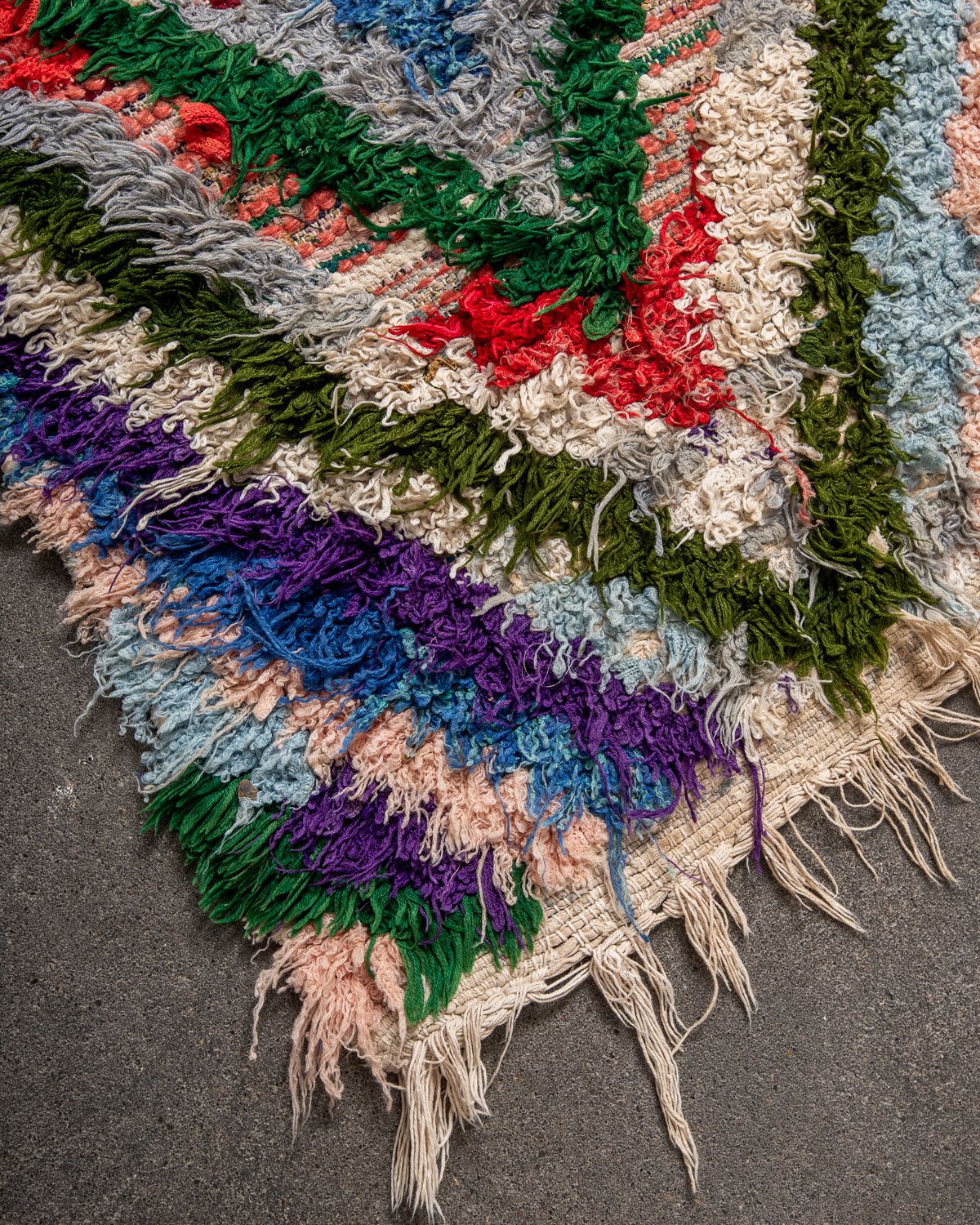 Modern, designer, handcrafted Berber rug from Morocco. Vintage carpet with beautiful colours and patterns and fluffy texture.