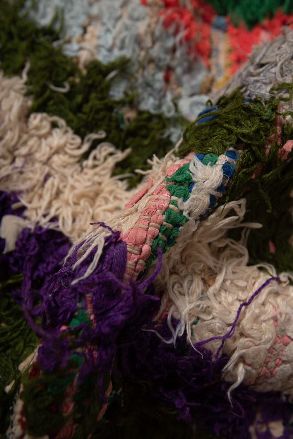 Modern, designer, handcrafted Berber rug from Morocco. Vintage carpet with beautiful colours and patterns and fluffy texture.