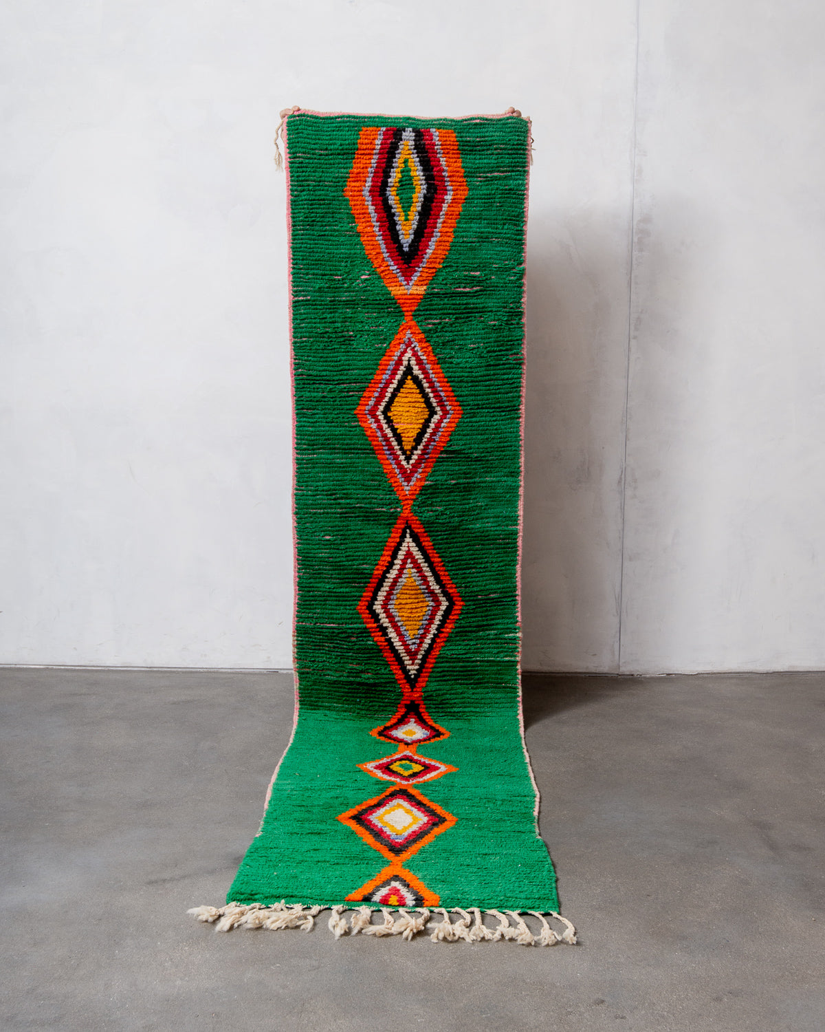 Modern, designer, handcrafted Berber runner rug from Morocco. Vintage carpet with beautiful colours and patterns and fluffy texture