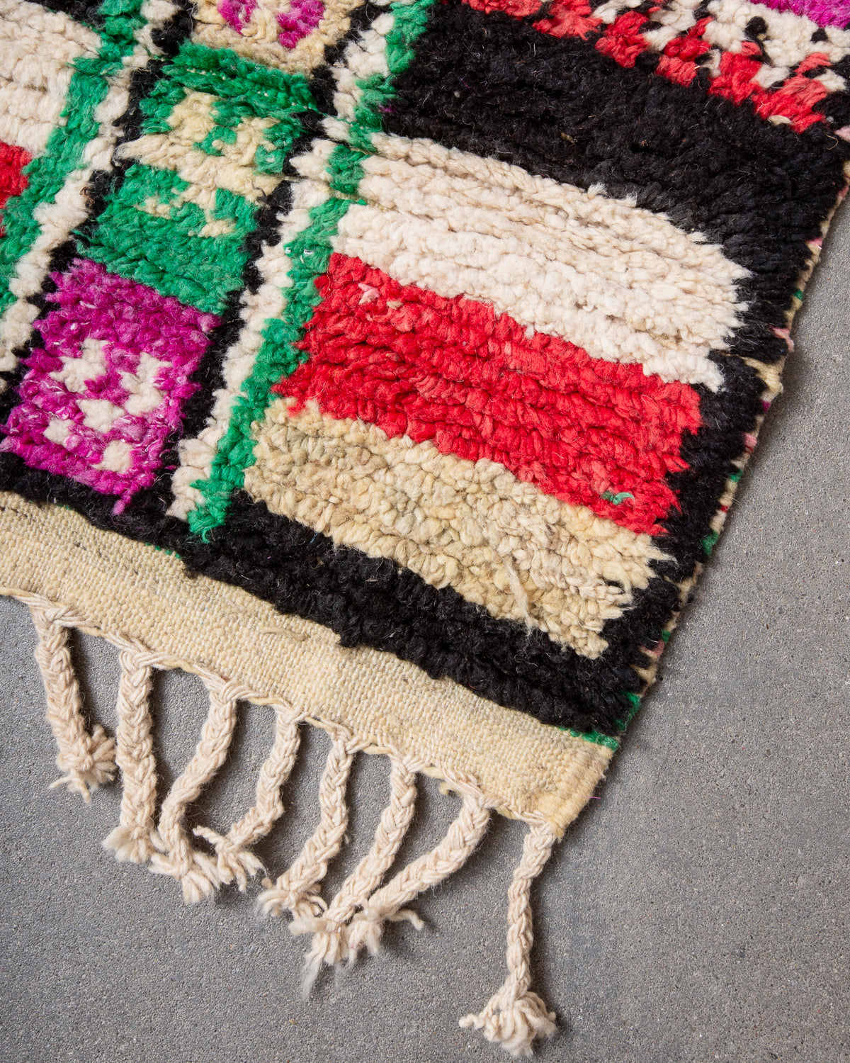 Modern, designer, handcrafted Berber runner rug from Morocco. Vintage carpet with beautiful colours and patterns and fluffy texture