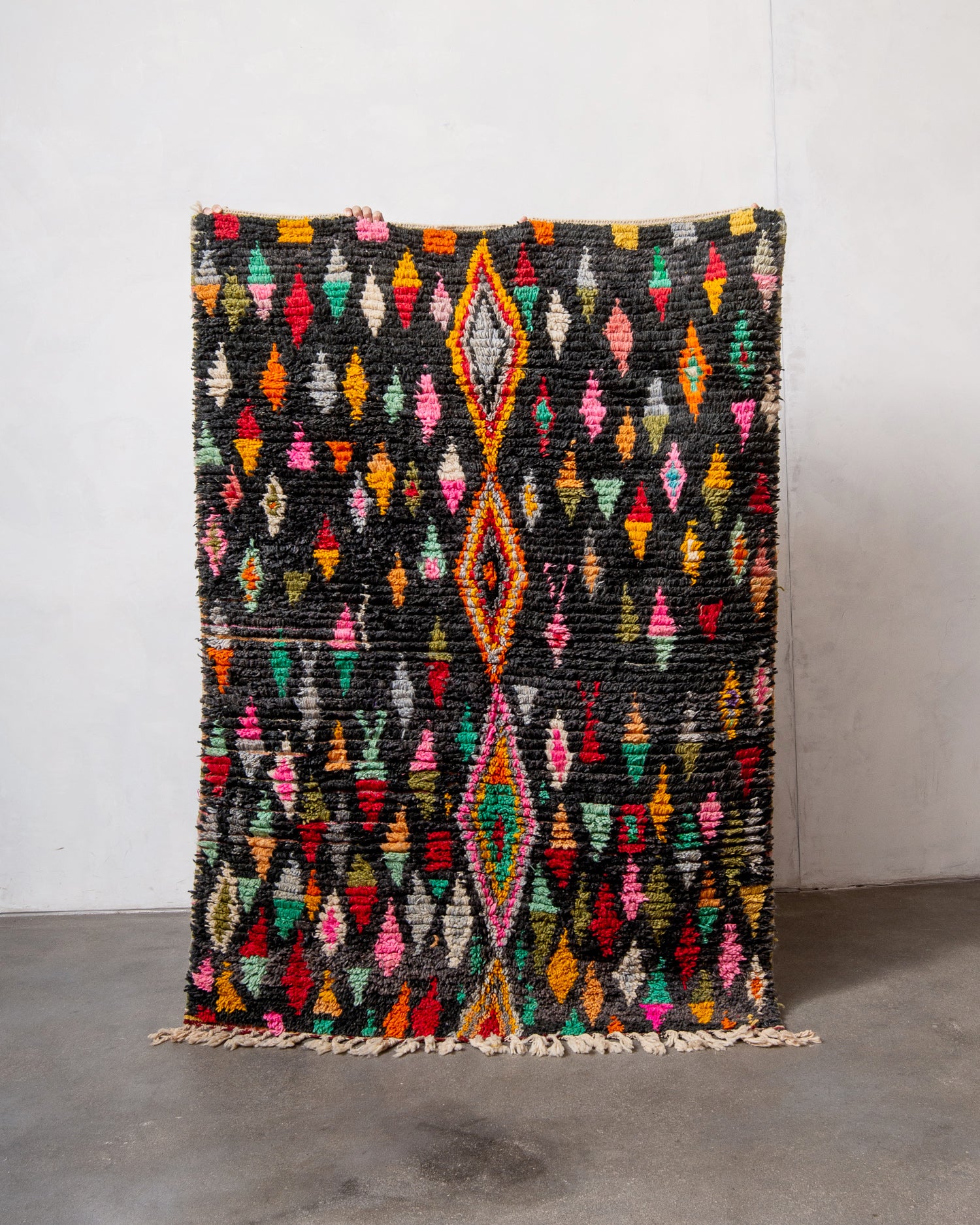 Modern, designer, handcrafted Berber rug from Morocco. Vintage carpet with beautiful colours and patterns and fluffy texture.