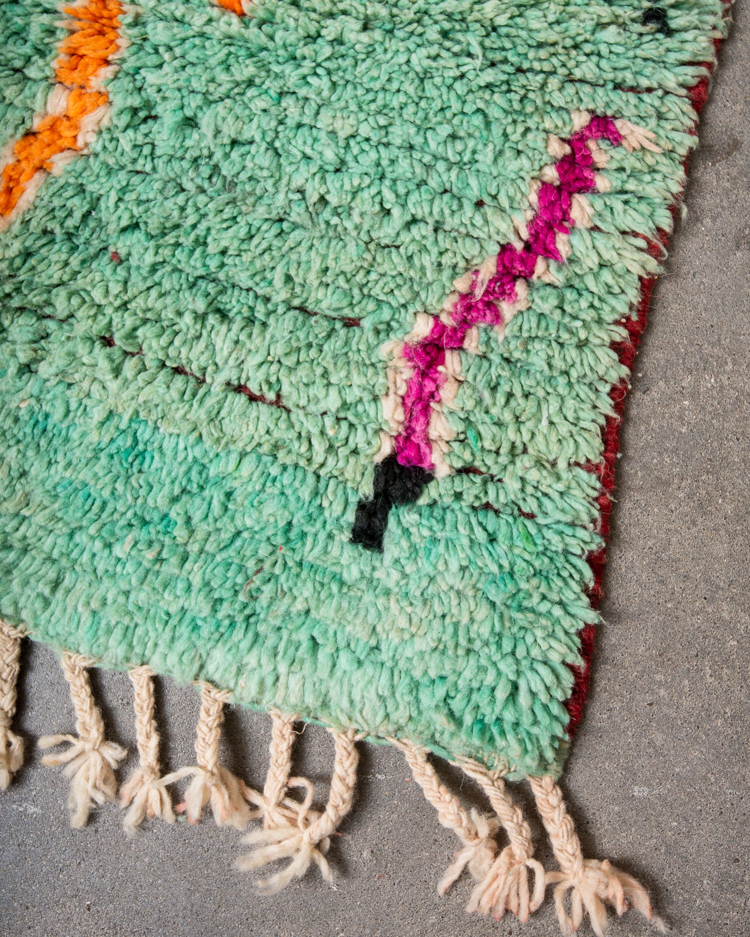 Modern, designer, handcrafted Berber rug from Morocco. Vintage carpet with beautiful colours and patterns and fluffy texture.