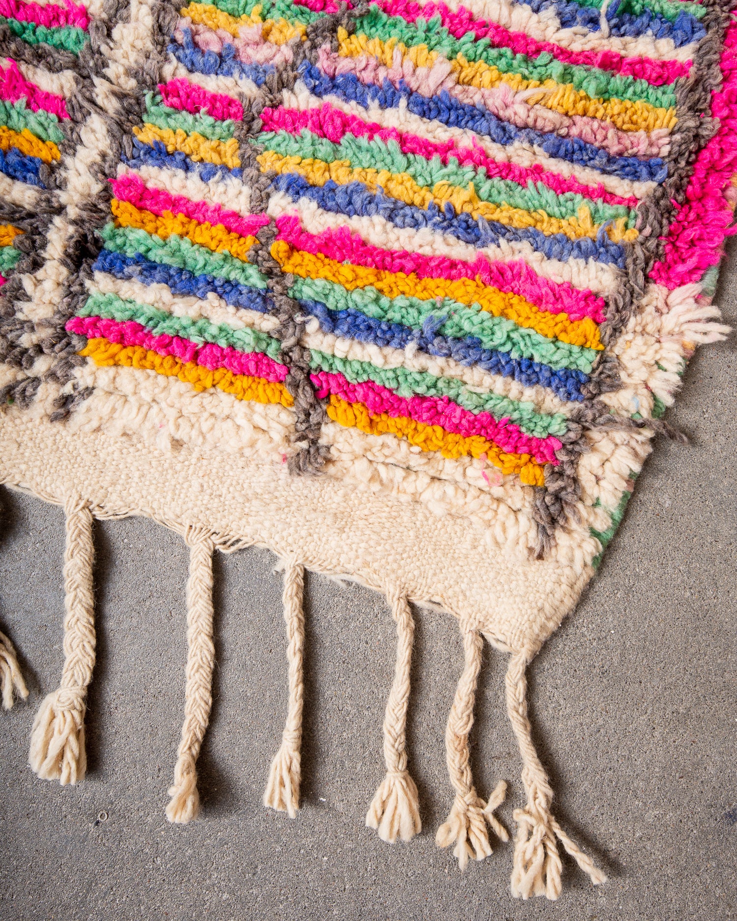 Modern, designer, handcrafted Berber rug from Morocco. Vintage carpet with beautiful colours and patterns and fluffy texture.