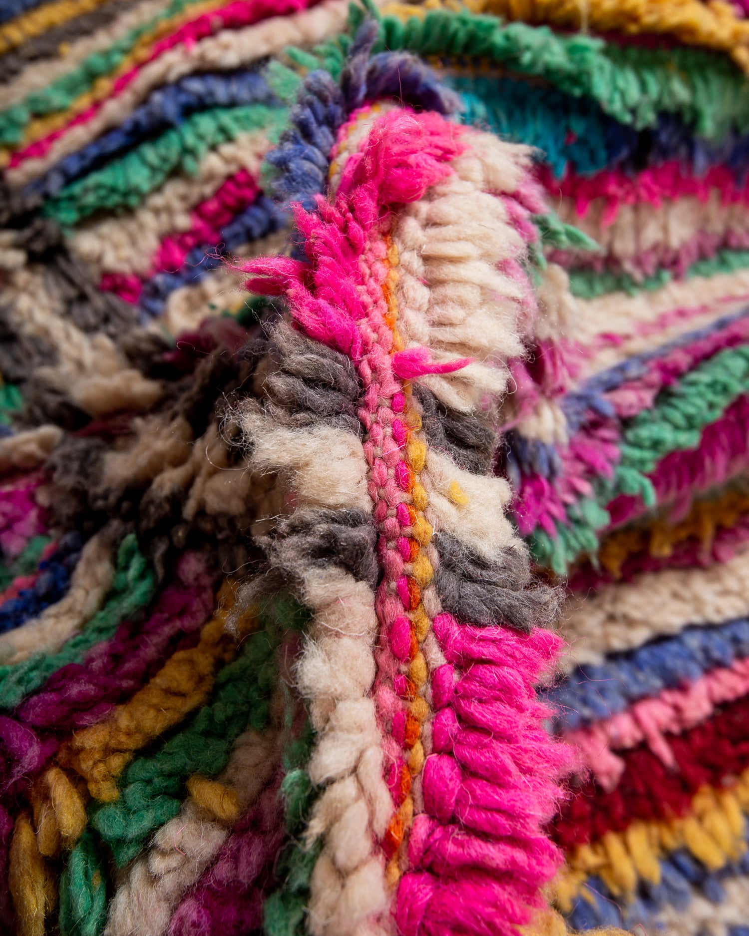 Modern, designer, handcrafted Berber rug from Morocco. Vintage carpet with beautiful colours and patterns and fluffy texture.