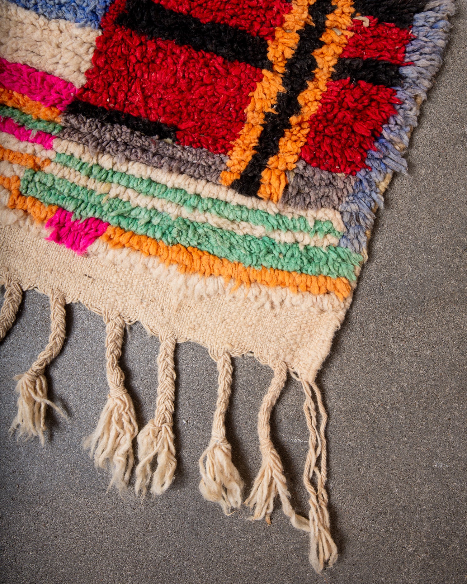 Modern, designer, handcrafted Berber rug from Morocco. Vintage carpet with beautiful colours and patterns and fluffy texture.