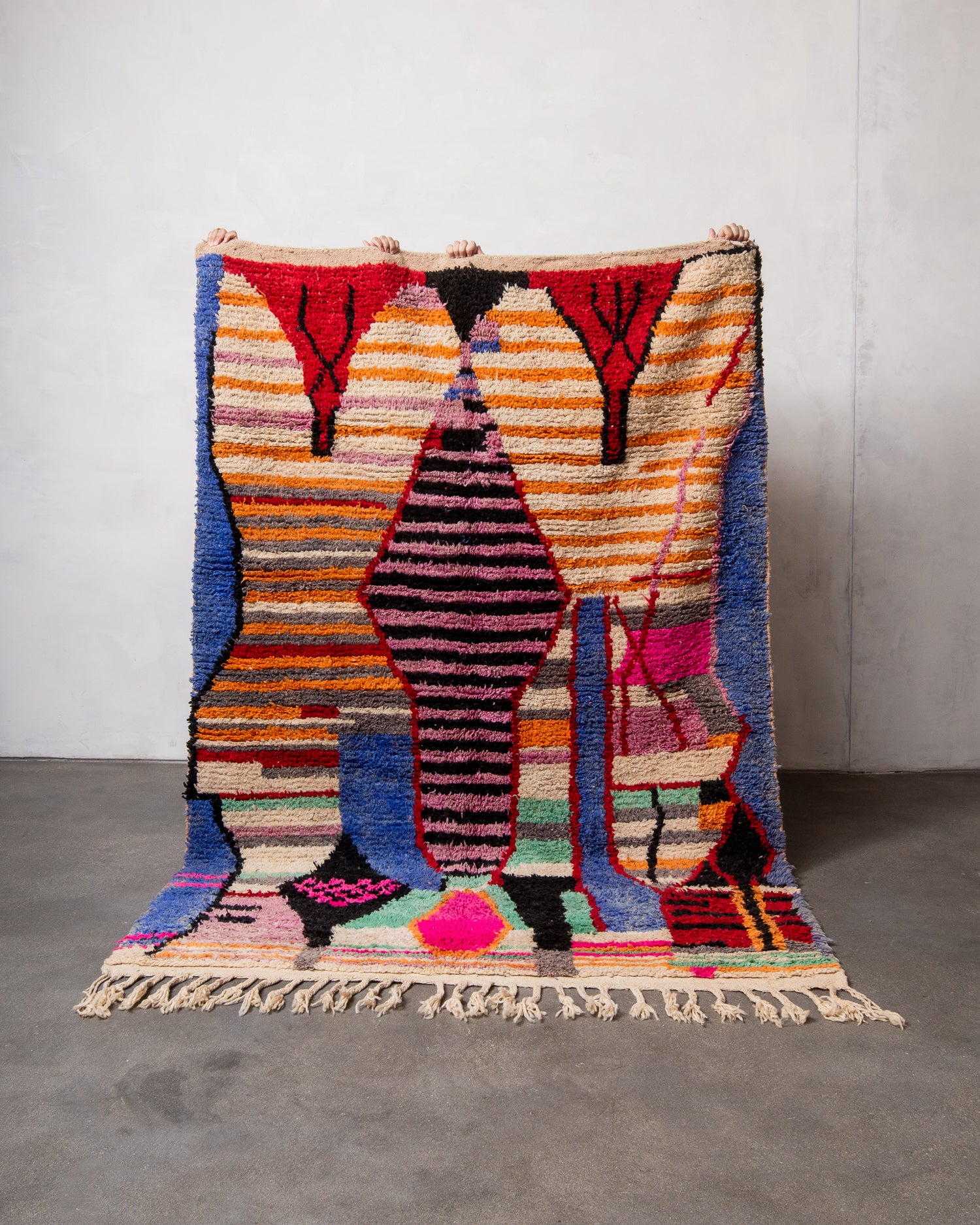 Modern, designer, handcrafted Berber rug from Morocco. Vintage carpet with beautiful colours and patterns and fluffy texture.