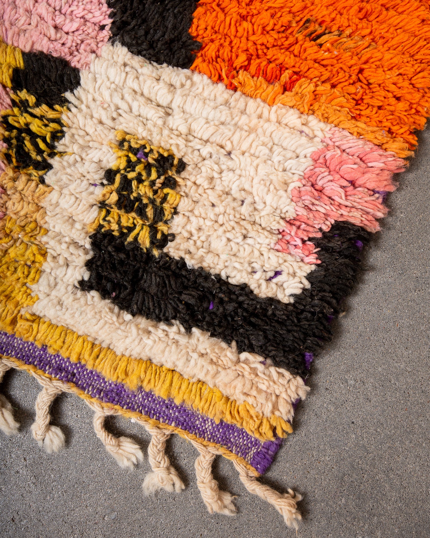 Modern, designer, handcrafted Berber rug from Morocco. Vintage carpet with beautiful colours and patterns and fluffy texture.