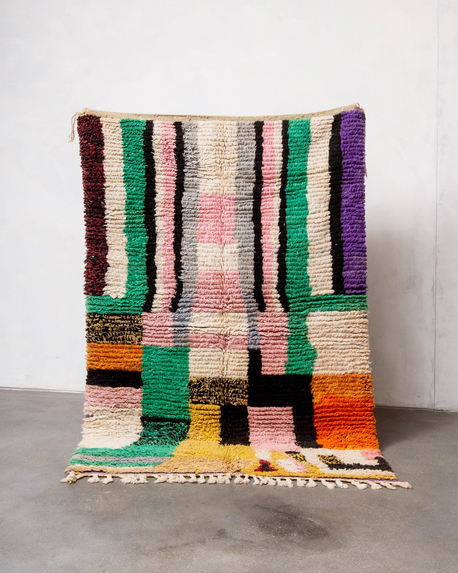 Modern, designer, handcrafted Berber rug from Morocco. Vintage carpet with beautiful colours and patterns and fluffy texture.