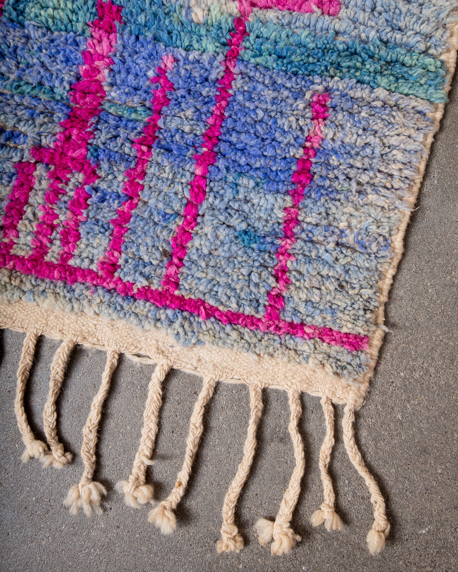 Modern, designer, handcrafted Berber rug from Morocco. Vintage carpet with beautiful colours and patterns and fluffy texture.