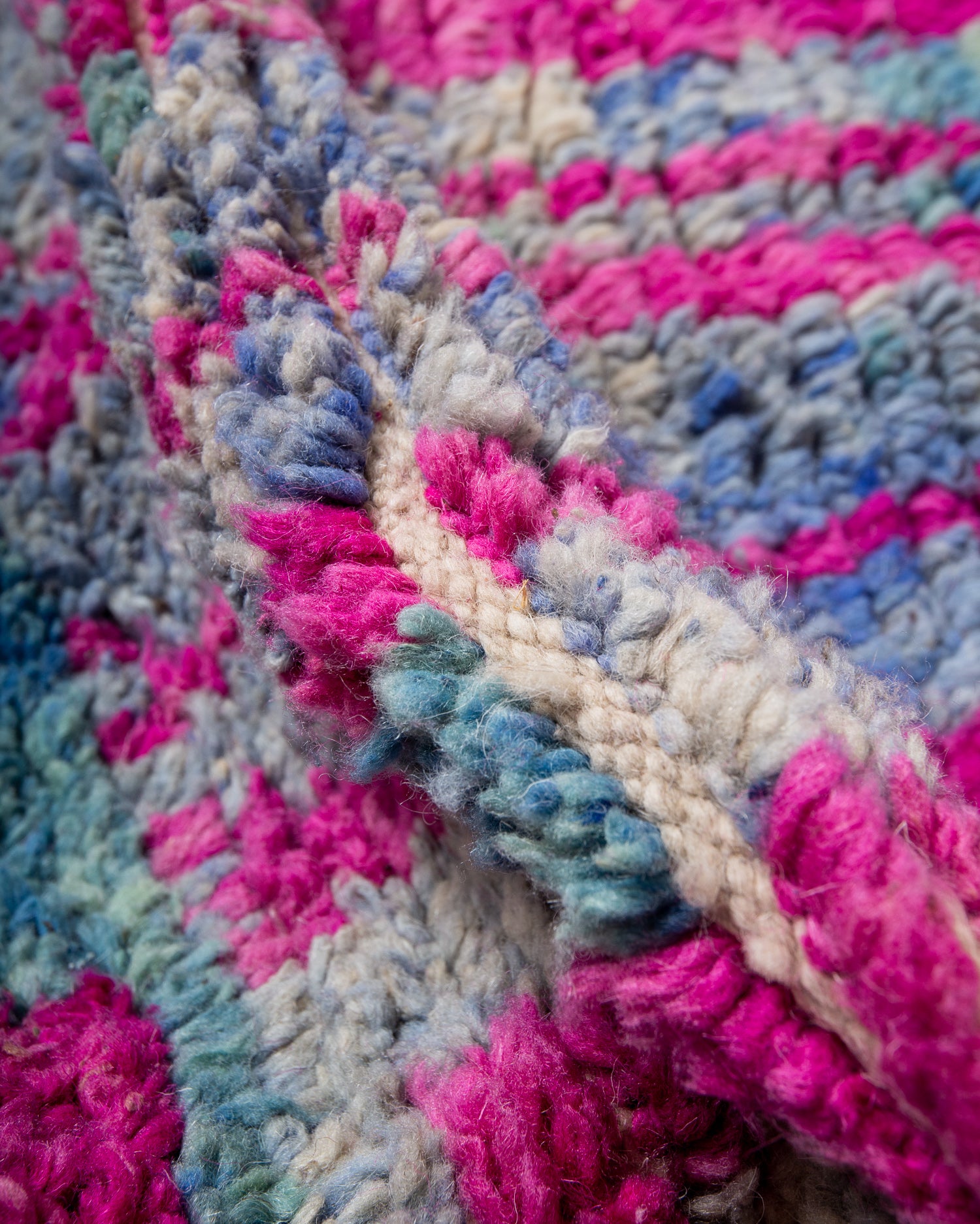 Modern, designer, handcrafted Berber rug from Morocco. Vintage carpet with beautiful colours and patterns and fluffy texture.