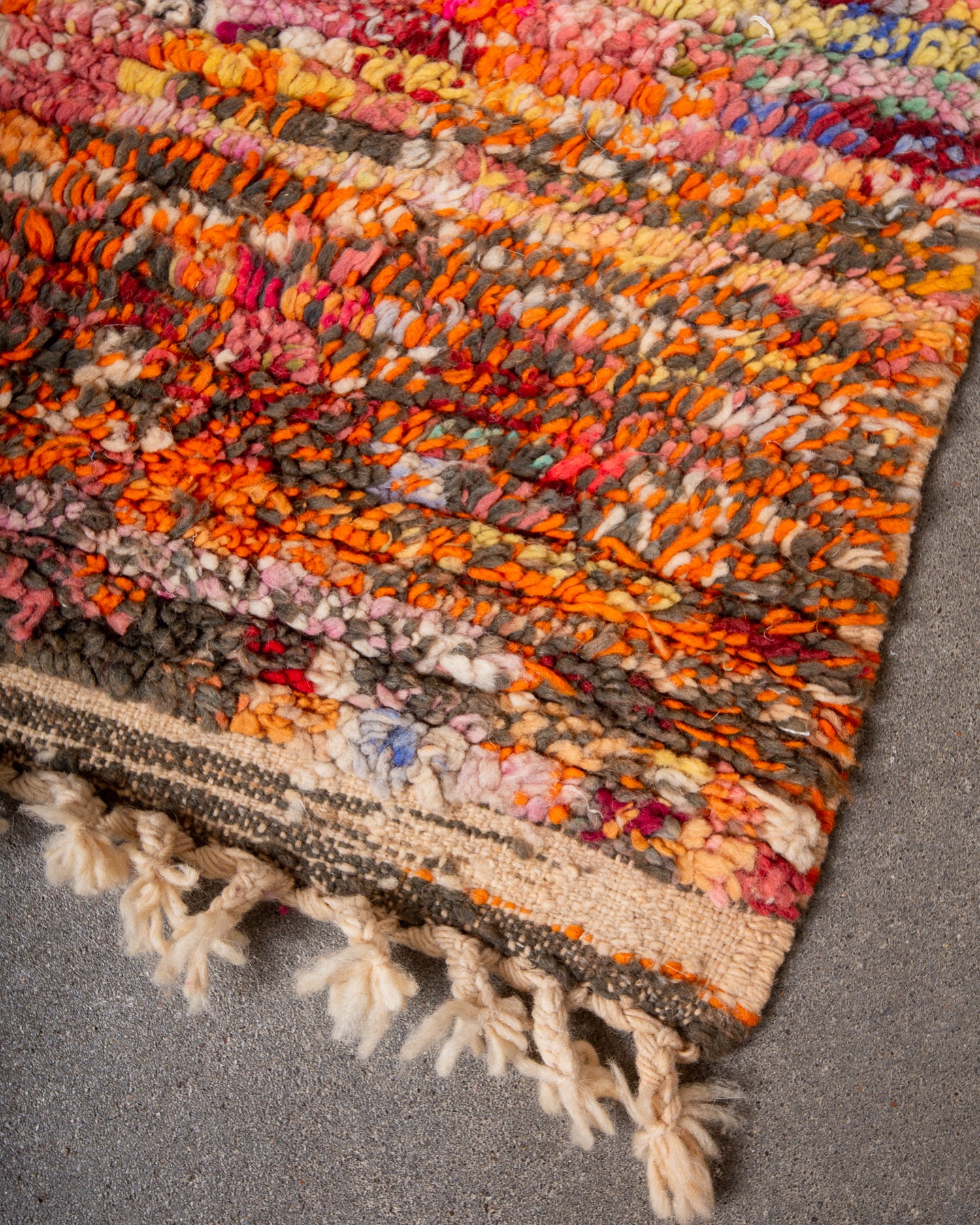 Modern, designer, handcrafted Berber rug from Morocco. Vintage carpet with beautiful colours and patterns and fluffy texture.