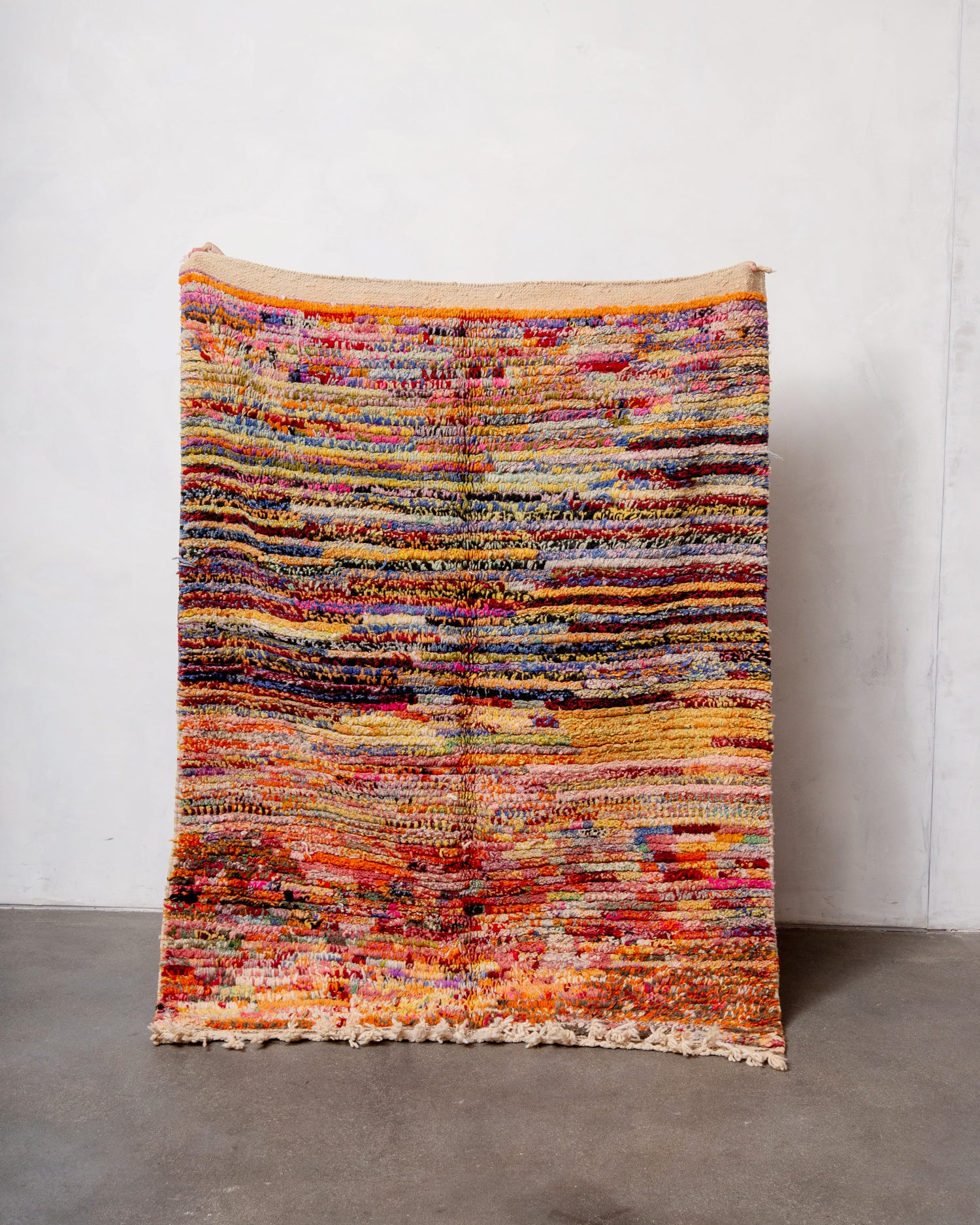 Modern, designer, handcrafted Berber rug from Morocco. Vintage carpet with beautiful colours and patterns and fluffy texture.