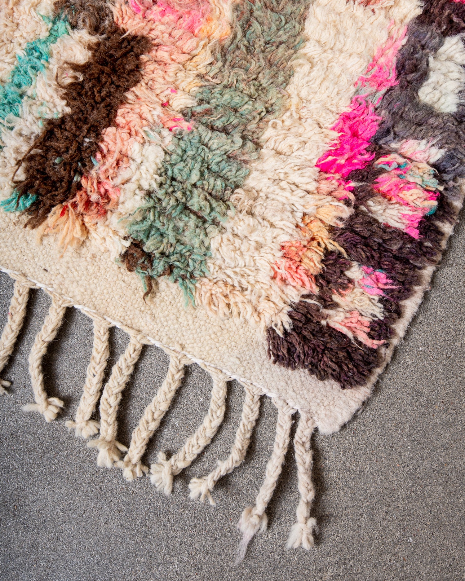 Modern, designer, handcrafted Berber rug from Morocco. Vintage carpet with beautiful colours and patterns and fluffy texture.