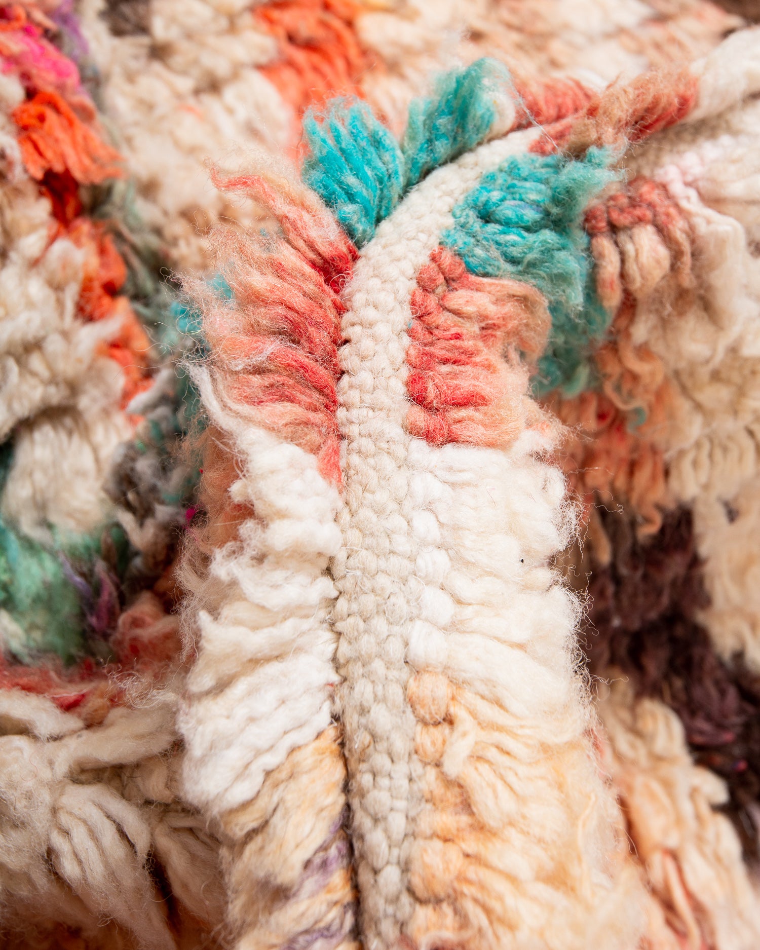 Modern, designer, handcrafted Berber rug from Morocco. Vintage carpet with beautiful colours and patterns and fluffy texture.