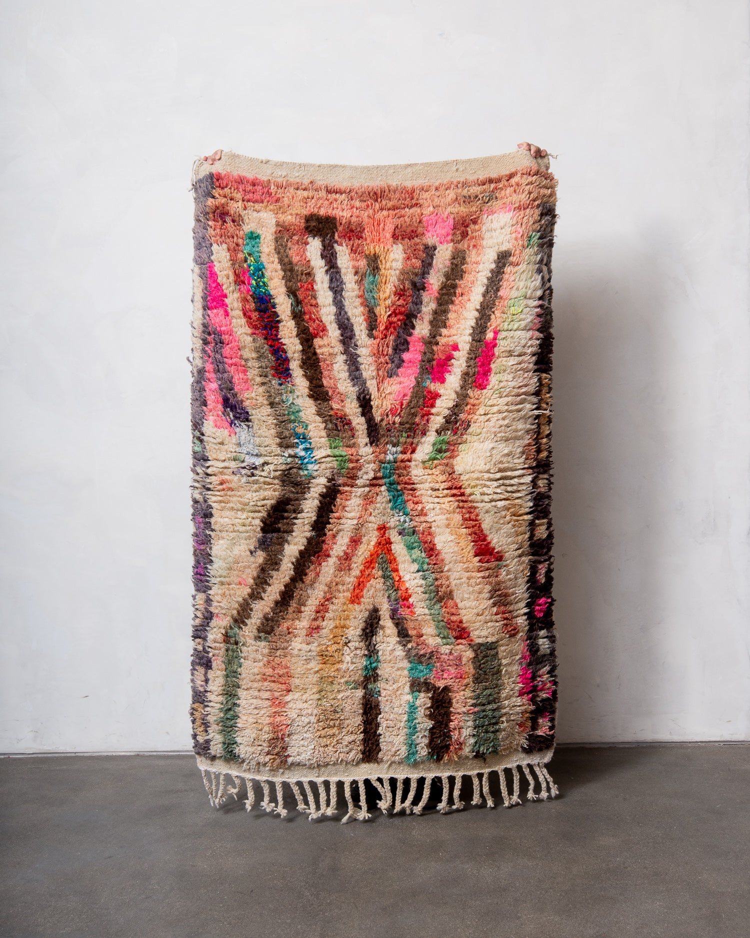 Modern, designer, handcrafted Berber rug from Morocco. Vintage carpet with beautiful colours and patterns and fluffy texture.