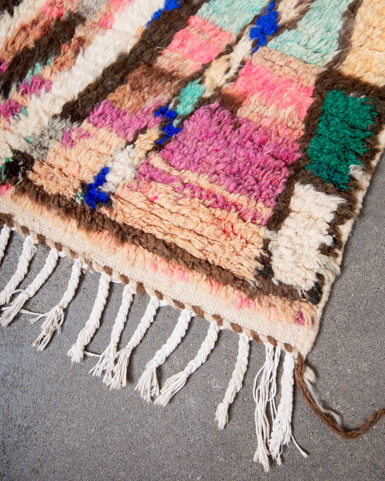 Modern, designer, handcrafted Berber rug from Morocco. Vintage carpet with beautiful colours and patterns and fluffy texture.