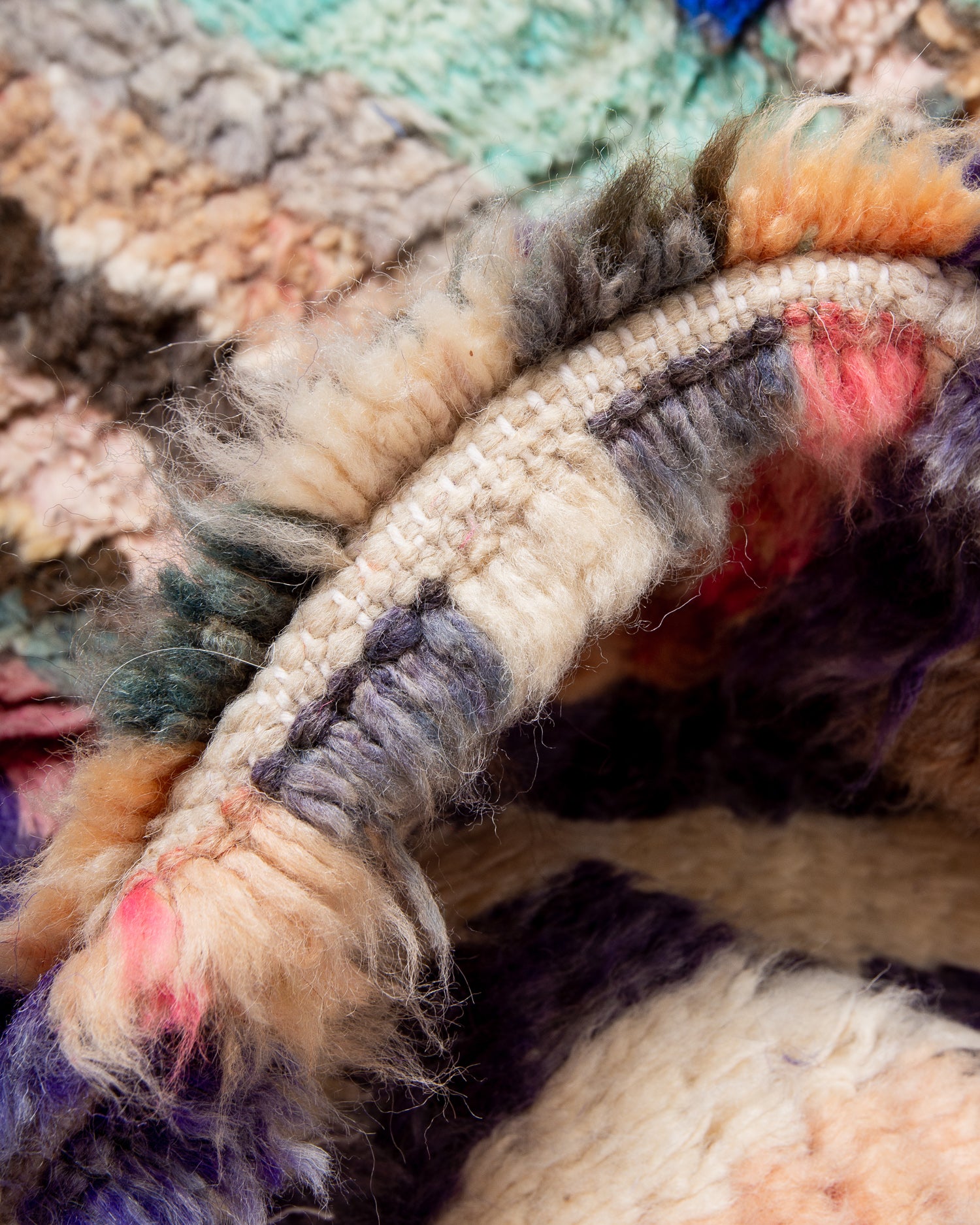 Modern, designer, handcrafted Berber rug from Morocco. Vintage carpet with beautiful colours and patterns and fluffy texture.