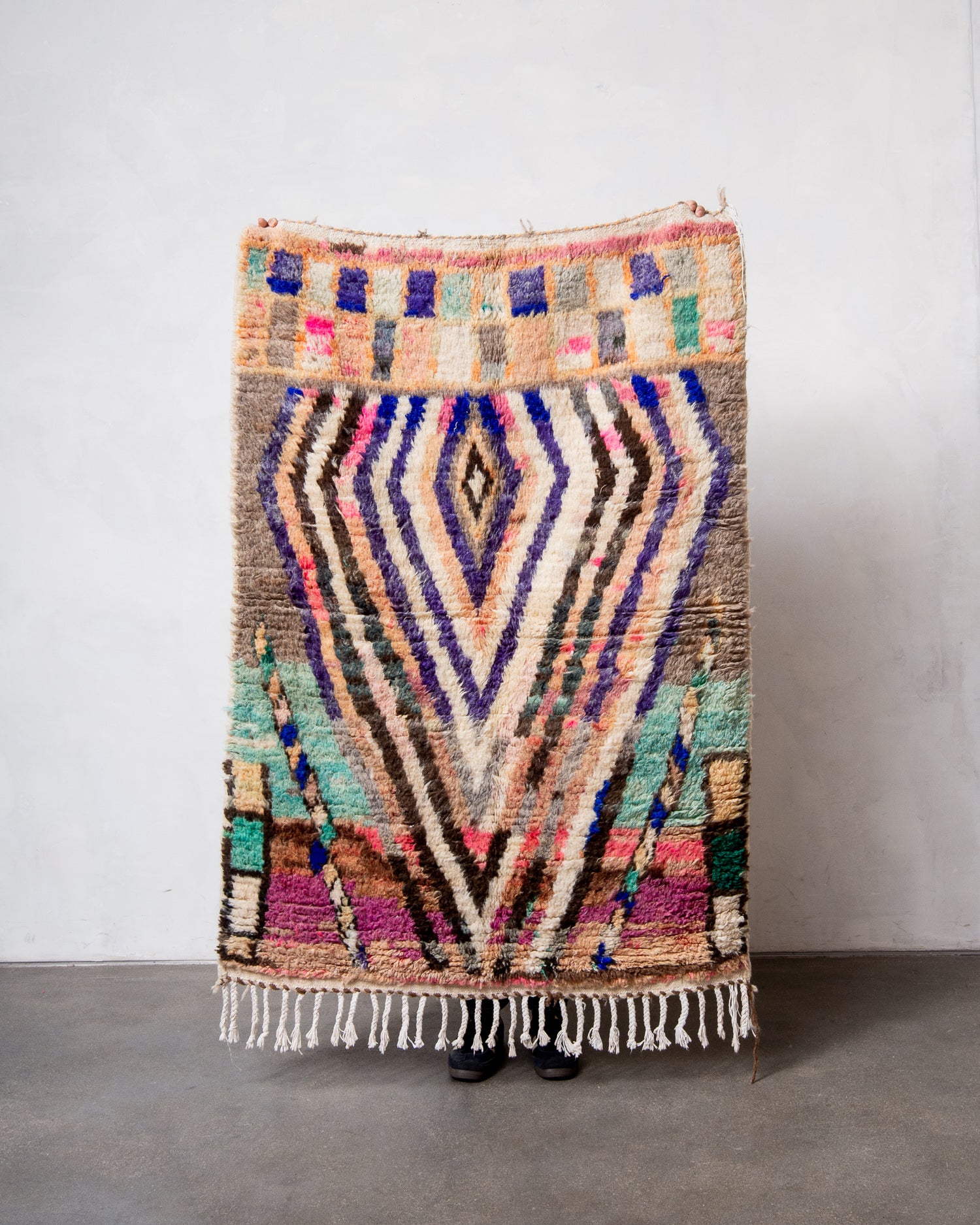 Modern, designer, handcrafted Berber rug from Morocco. Vintage carpet with beautiful colours and patterns and fluffy texture.