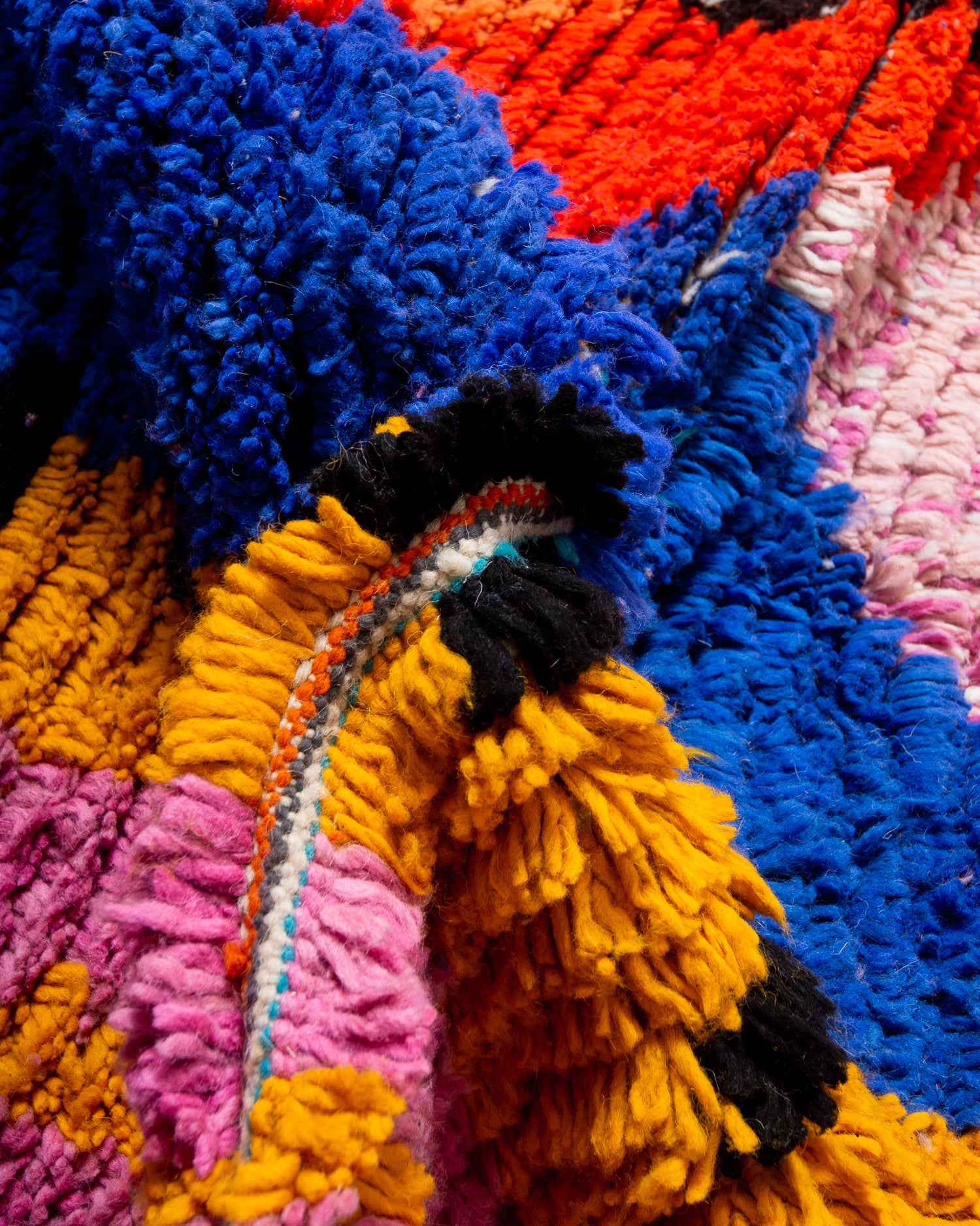 Modern, designer, handcrafted Berber rug from Morocco. Vintage carpet with beautiful colours and patterns and fluffy texture.