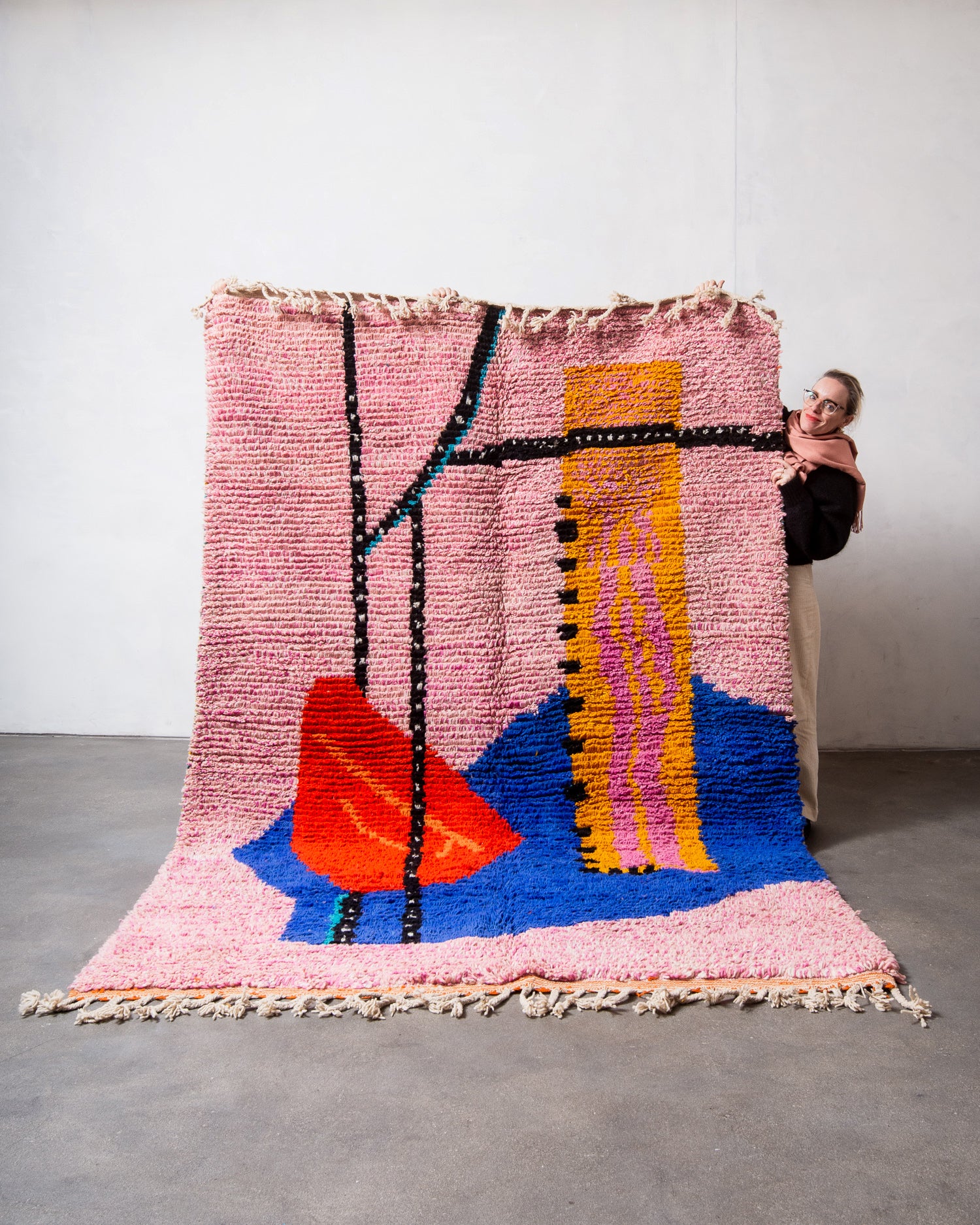 Modern, designer, handcrafted Berber rug from Morocco. Vintage carpet with beautiful colours and patterns and fluffy texture.