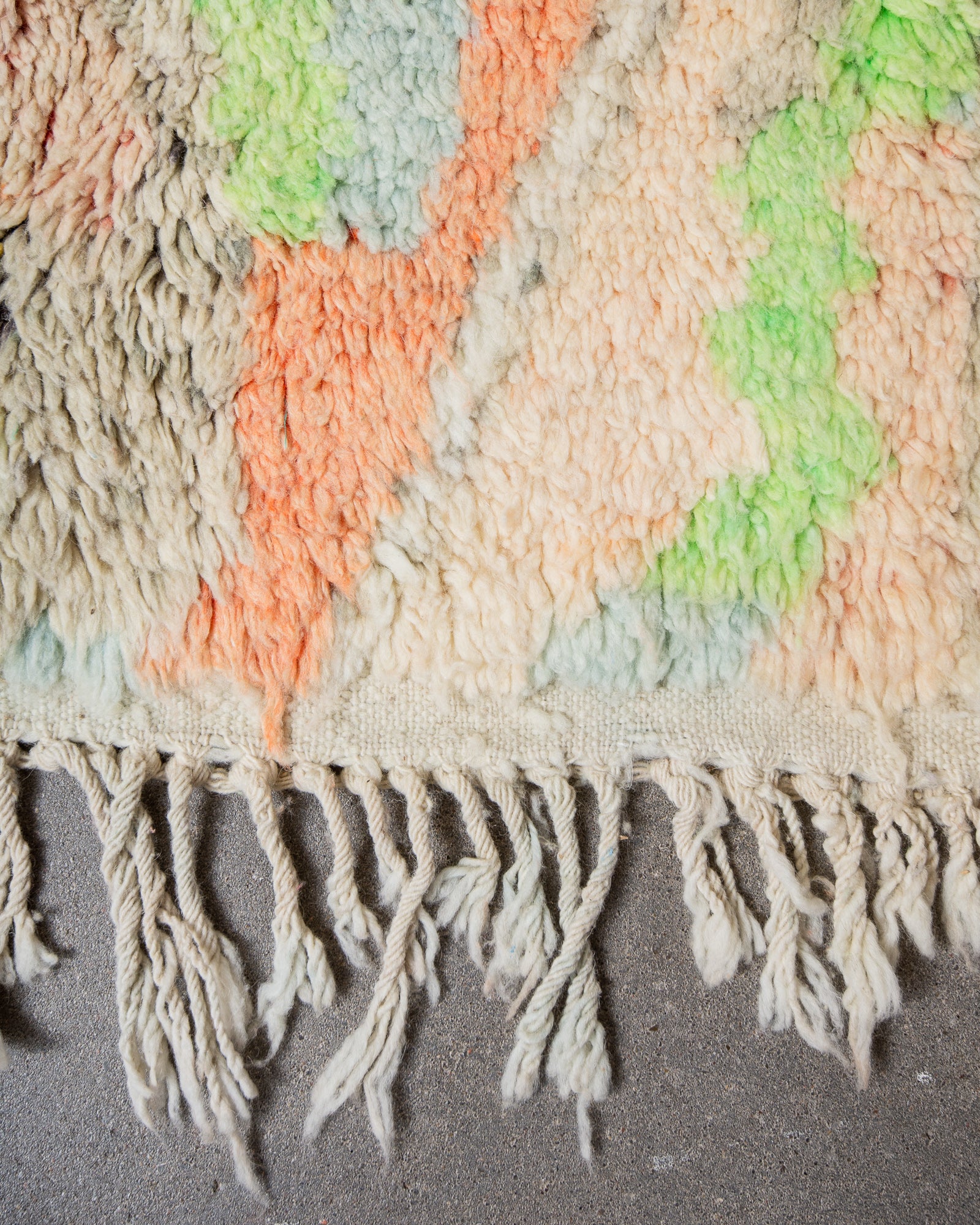 Modern, designer, handcrafted Berber rug from Morocco. Vintage carpet with beautiful colours and patterns and fluffy texture.