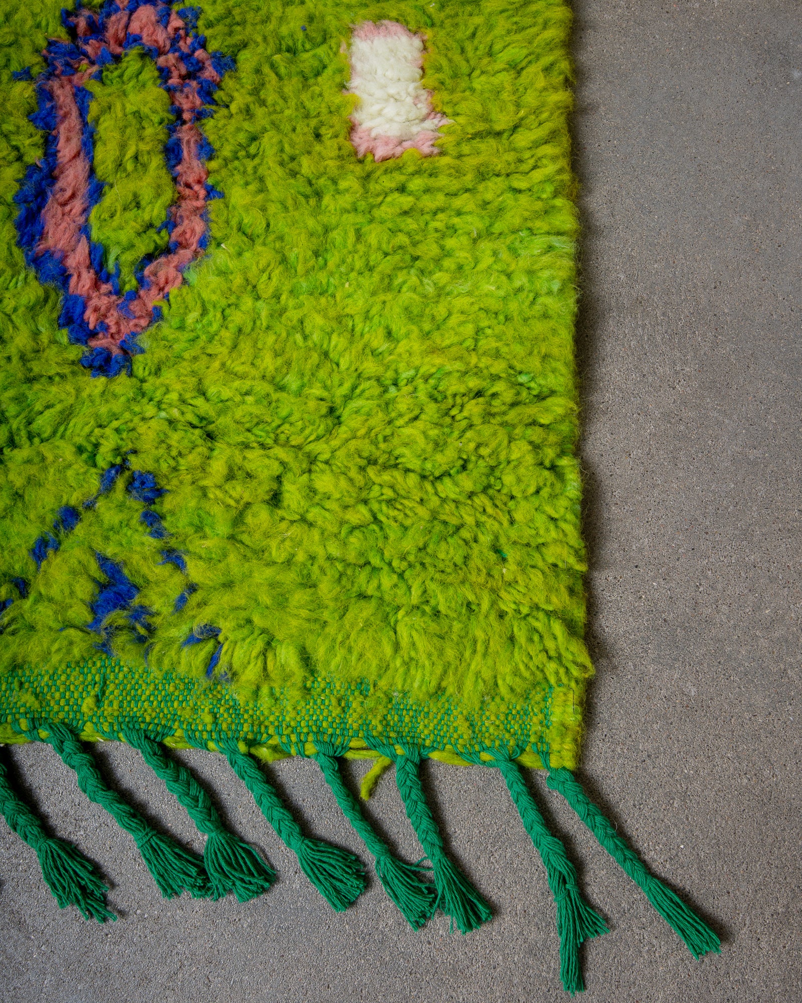 Modern, designer, handcrafted Berber rug from Morocco. Vintage carpet with beautiful colours and patterns and fluffy texture.