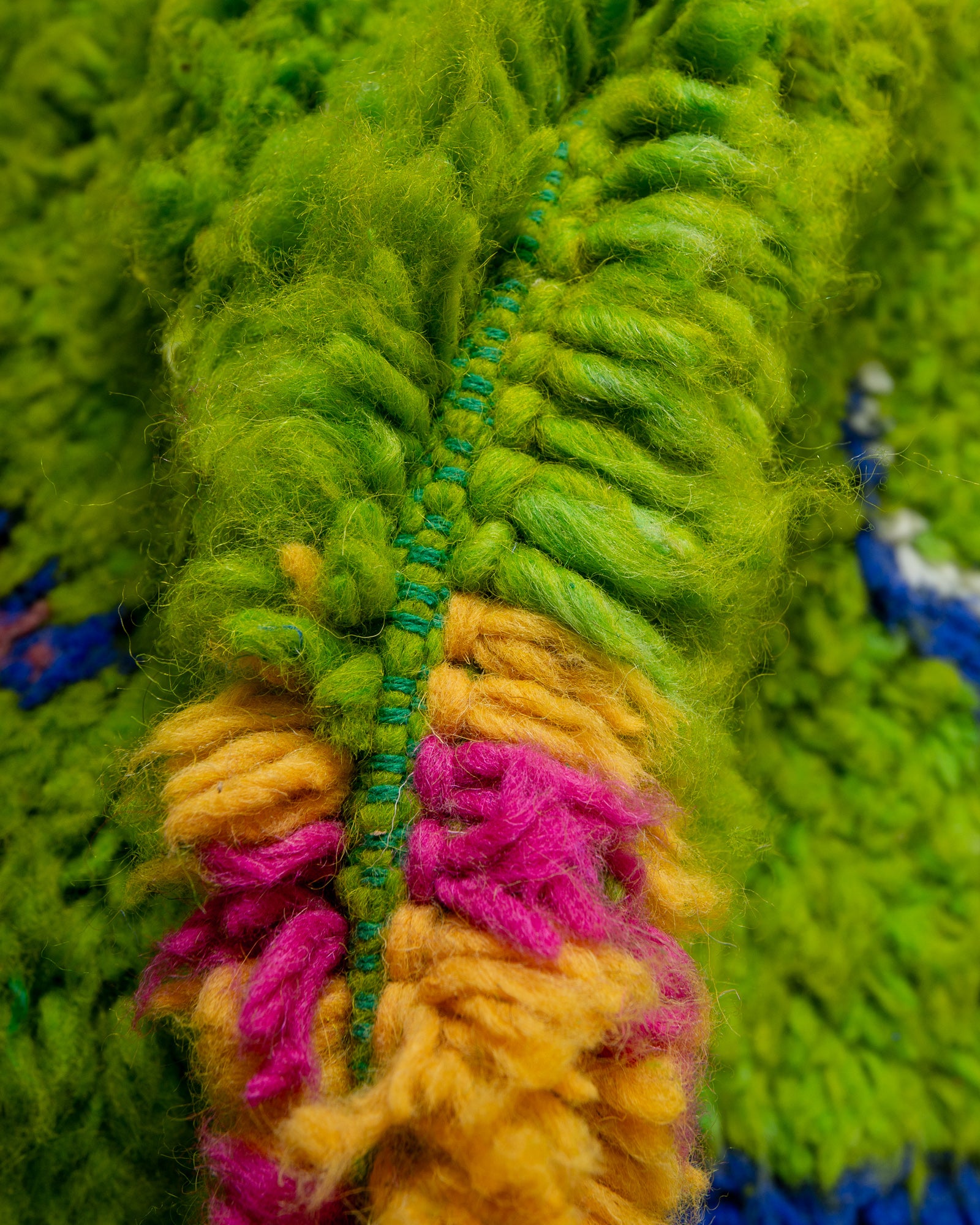 Modern, designer, handcrafted Berber rug from Morocco. Vintage carpet with beautiful colours and patterns and fluffy texture.