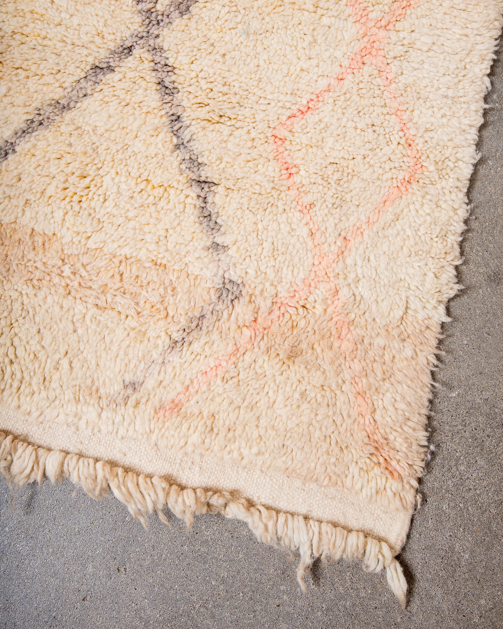 Modern, designer, handcrafted Berber rug from Morocco. Vintage carpet with beautiful colours and patterns and fluffy texture.