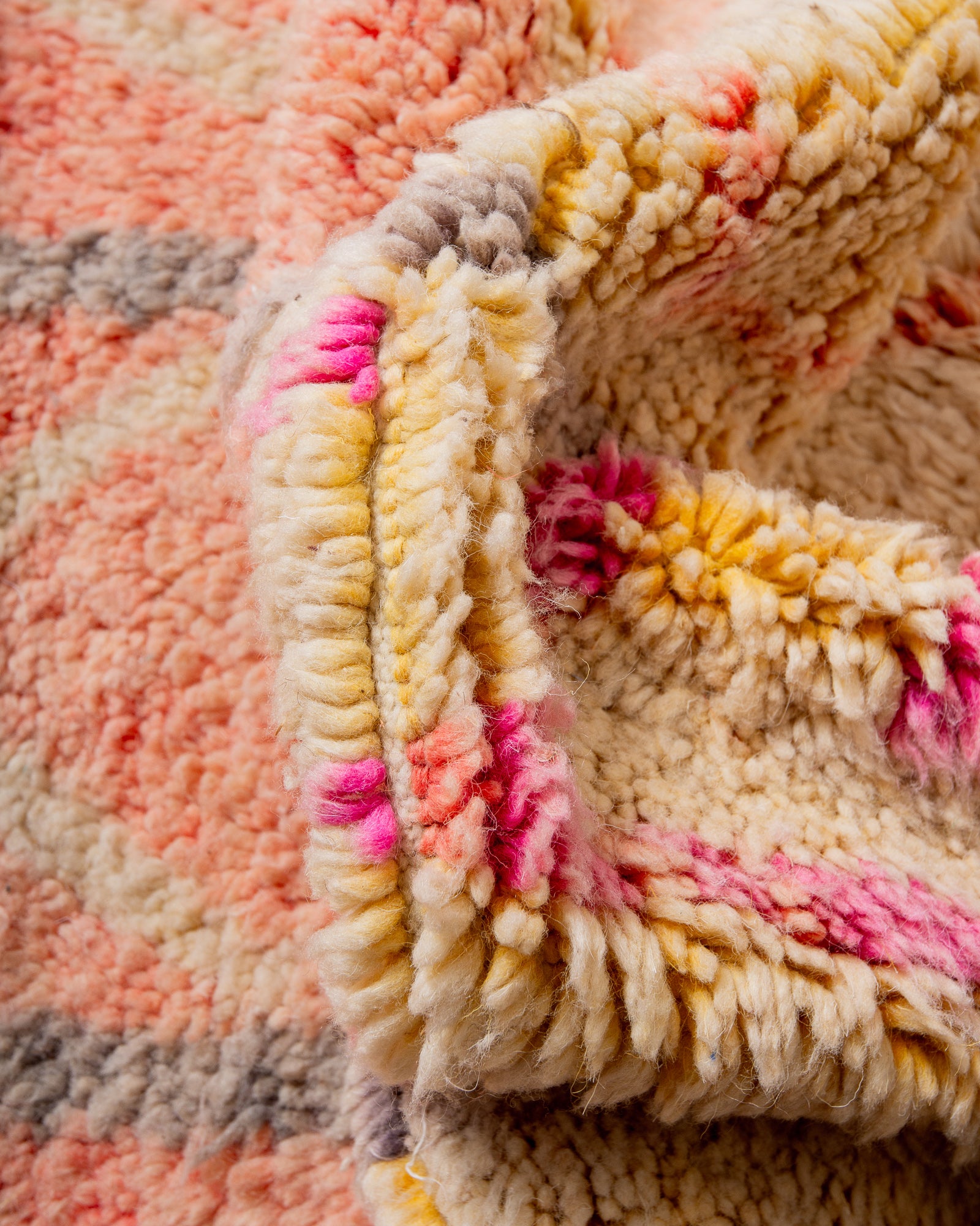 Modern, designer, handcrafted Berber rug from Morocco. Vintage carpet with beautiful colours and patterns and fluffy texture.